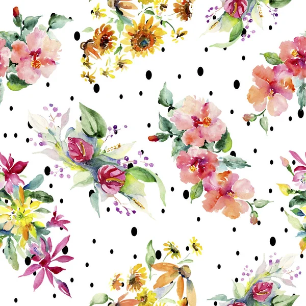 Red, yellow and orange floral botanical flower bouquets. Watercolor background illustration set. Watercolour drawing aquarelle. Seamless background pattern. Fabric wallpaper print texture. — Stock Photo