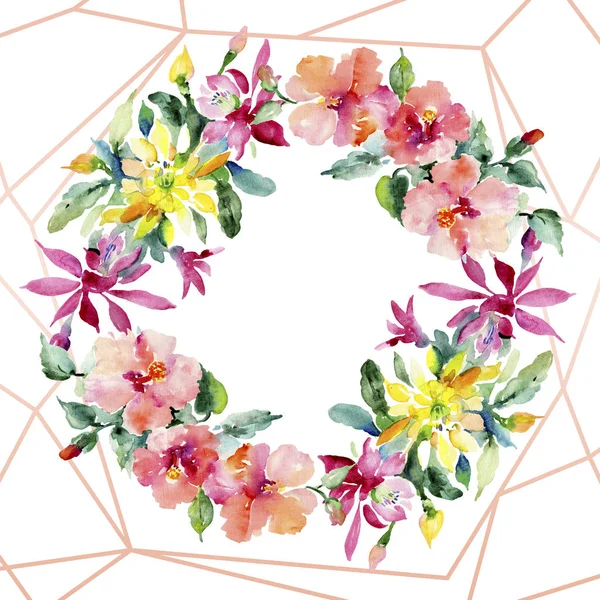 Mazzi di fiori botanici floreali rossi, gialli e arancioni. Foglia selvatica primaverile isolata. Acquerello sfondo illustrazione set. Acquerello disegno moda acquerello. Quadrato ornamento bordo cornice . — Foto stock