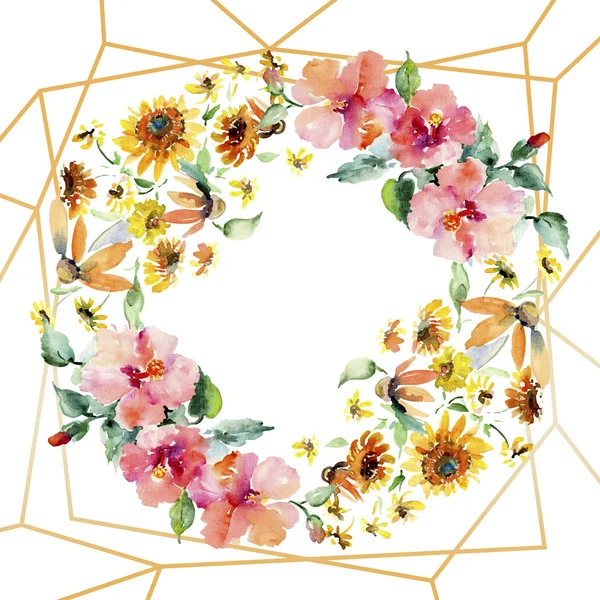 Mazzi di fiori botanici floreali rossi, gialli e arancioni. Foglia selvatica primaverile isolata. Acquerello sfondo illustrazione set. Acquerello disegno moda acquerello. Quadrato ornamento bordo cornice . — Foto stock