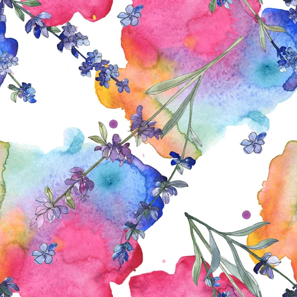 Flor botânica de lavanda roxa. Folha selvagem da primavera wildflower. Conjunto de ilustrações aquarela. Aquarelle desenho aquarelle moda isolado. Padrão de fundo sem costura. Tecido papel de parede impressão textura . — Fotografia de Stock