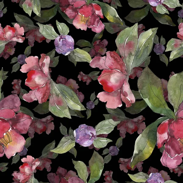 Fiori di camelia rossi e viola. Set illustrazione acquerello. Modello di sfondo senza soluzione di continuità. Tessuto carta da parati stampa texture . — Foto stock