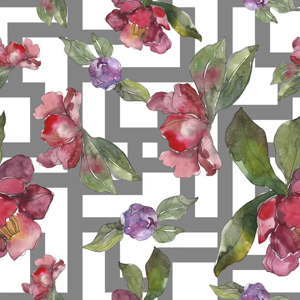 Red and purple camellia flowers. Watercolor illustration set. Seamless background pattern. Fabric wallpaper print texture. — Stock Photo