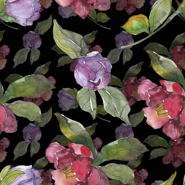Fleurs de camélia rouge et violet. Ensemble d'illustration aquarelle. Modèle de fond sans couture. Texture d'impression papier peint tissu . — Photo de stock