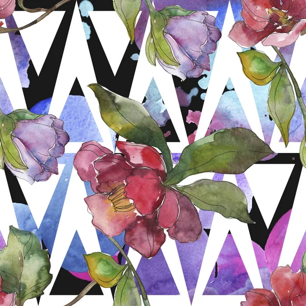 Red and purple camellia flowers. Watercolor illustration set. Seamless background pattern. Fabric wallpaper print texture. — Stock Photo