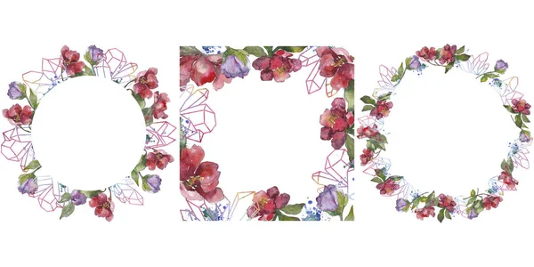 Fleurs de camélia rouge et violet. Ensemble d'illustration de fond aquarelle. Cadre bordure ornement avec espace de copie . — Photo de stock