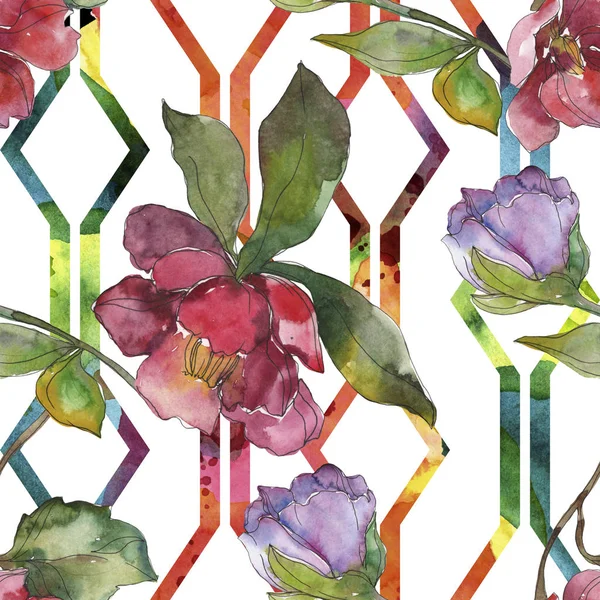 Red and purple camellia flowers. Watercolor illustration set. Seamless background pattern. Fabric wallpaper print texture. — Stock Photo