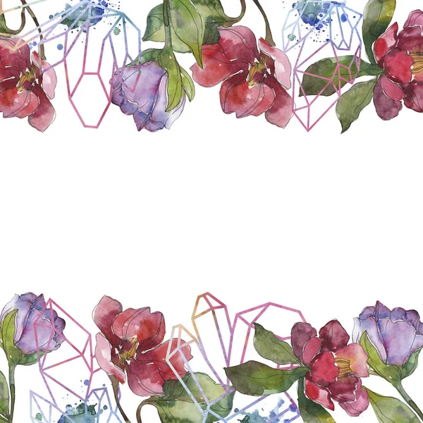 Flores de camélia vermelhas e roxas. Conjunto de ilustração de fundo aquarela. Ornamento de borda de quadro com espaço de cópia . — Fotografia de Stock