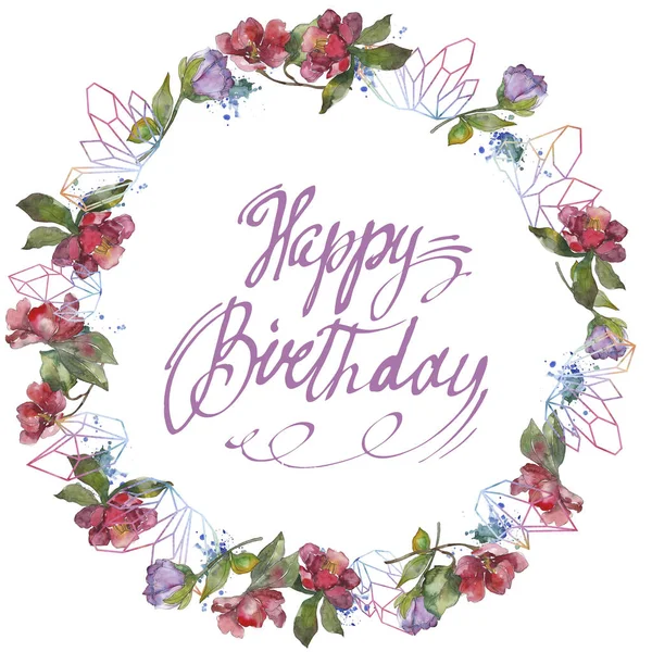 Fleurs de camélia rouge et violet. Ensemble d'illustration de fond aquarelle. Cadre bordure ornement avec inscription joyeux anniversaire . — Photo de stock