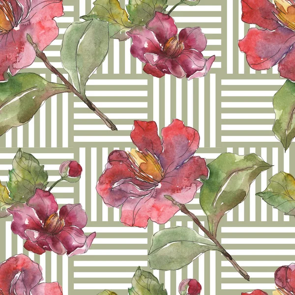 Red peonies watercolor illustration set. Seamless background pattern. Fabric wallpaper print texture. — Stock Photo