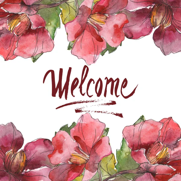 Red peonies. Watercolor background illustration set. Frame border ornament with welcome inscription. — Stock Photo