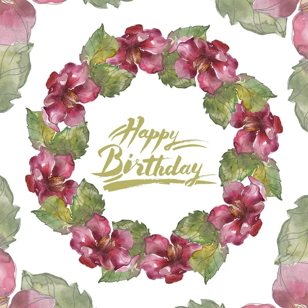 Red peonies. Watercolor background illustration set. Frame border ornament with happy birthday inscription. — Stock Photo