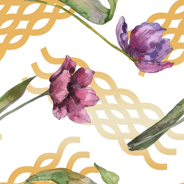 Purple tulip floral botanical flowers. Wild spring leaf isolated. Watercolor illustration set. Watercolour drawing fashion aquarelle. Seamless background pattern. Fabric wallpaper print texture. — Stock Photo