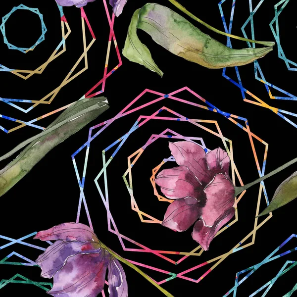 Fiori botanici floreali di tulipano viola. Foglia selvatica primaverile isolata. Set illustrazione acquerello. Acquerello disegno moda acquerello. Modello di sfondo senza soluzione di continuità. Tessuto carta da parati stampa texture . — Foto stock