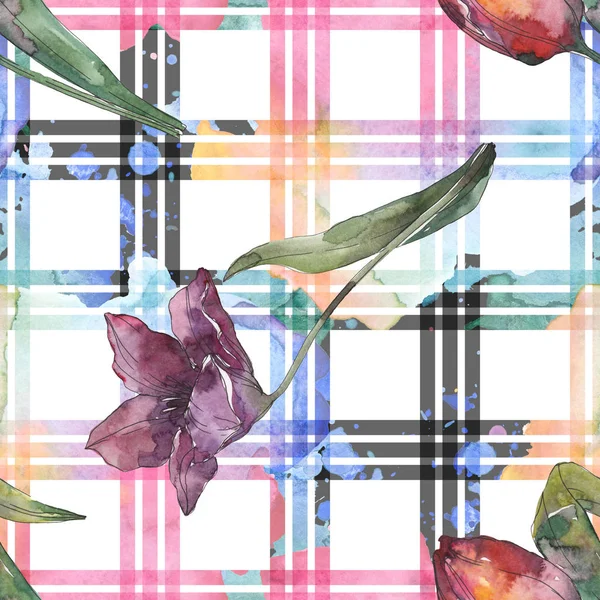 Purple tulip floral botanical flowers. Wild spring leaf isolated. Watercolor illustration set. Watercolour drawing fashion aquarelle. Seamless background pattern. Fabric wallpaper print texture. — Stock Photo