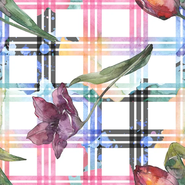 Lila Tulpe florale botanische Blumen. wildes Frühlingsblatt isoliert. Aquarell-Illustrationsset vorhanden. Aquarell zeichnen Mode-Aquarell. nahtlose Hintergrundmuster. Stoff Tapete drucken Textur. — Stockfoto