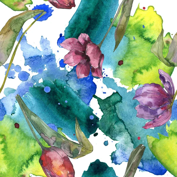 Tulipán púrpura flores botánicas florales. Hoja de primavera salvaje aislada. Juego de ilustración en acuarela. Acuarela dibujo moda aquarelle. Patrón de fondo sin costuras. Textura de impresión de papel pintado de tela . — Stock Photo