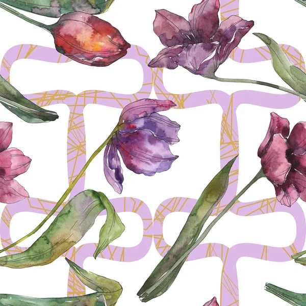 Lila Tulpe florale botanische Blumen. wildes Frühlingsblatt isoliert. Aquarell-Illustrationsset vorhanden. Aquarell zeichnen Mode-Aquarell. nahtlose Hintergrundmuster. Stoff Tapete drucken Textur. — Stockfoto