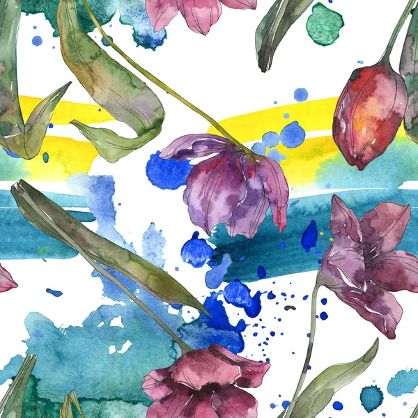 Lila Tulpe florale botanische Blumen. wildes Frühlingsblatt isoliert. Aquarell-Illustrationsset vorhanden. Aquarell zeichnen Mode-Aquarell. nahtlose Hintergrundmuster. Stoff Tapete drucken Textur. — Stockfoto