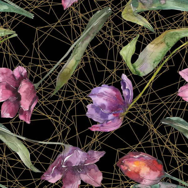 Lila Tulpe florale botanische Blumen. wildes Frühlingsblatt isoliert. Aquarell-Illustrationsset vorhanden. Aquarell zeichnen Mode-Aquarell. nahtlose Hintergrundmuster. Stoff Tapete drucken Textur. — Stockfoto