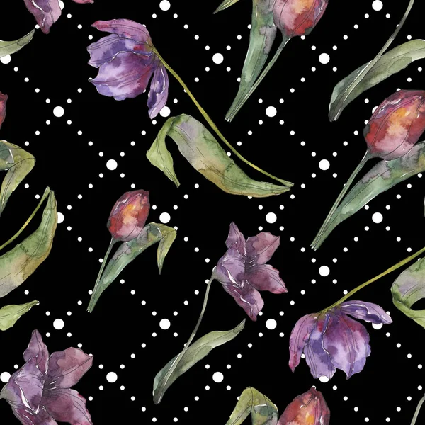 Flor tulipa roxa flores botânicas florais. Folha de primavera selvagem isolada. Conjunto de ilustrações aquarela. Aquarelle desenho aquarelle moda. Padrão de fundo sem costura. Tecido papel de parede impressão textura . — Fotografia de Stock