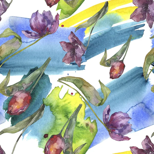 Fleurs botaniques florales de tulipes violettes. Feuille de printemps sauvage isolée. Ensemble d'illustration aquarelle. Aquarelle dessin mode aquarelle. Modèle de fond sans couture. Texture d'impression papier peint tissu . — Photo de stock