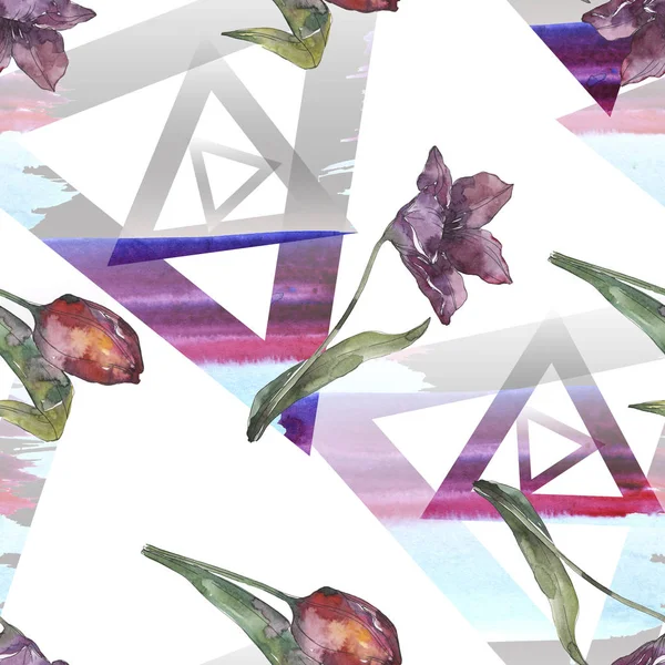 Tulipán púrpura flores botánicas florales. Hoja de primavera salvaje aislada. Juego de ilustración en acuarela. Acuarela dibujo moda aquarelle. Patrón de fondo sin costuras. Textura de impresión de papel pintado de tela . - foto de stock