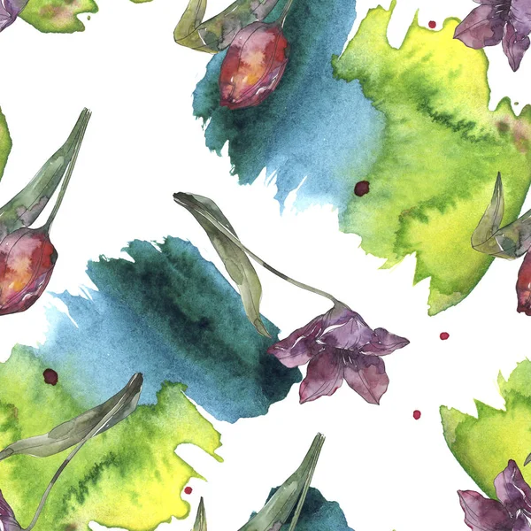 Tulipán púrpura flores botánicas florales. Hoja de primavera salvaje aislada. Juego de ilustración en acuarela. Acuarela dibujo moda aquarelle. Patrón de fondo sin costuras. Textura de impresión de papel pintado de tela . - foto de stock