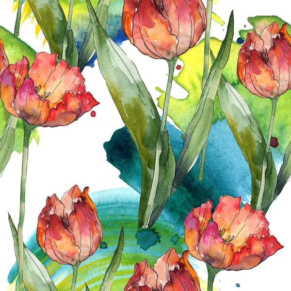 Tulips with green leaves and abstract pattern seamless background. Fabric wallpaper print texture. Watercolor illustration set. — Stock Photo