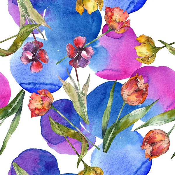 Tulpen mit grünen Blättern und abstrakten Mustern nahtloser Hintergrund. Textur für Stofftapeten. Aquarell-Illustrationsset. — Stockfoto
