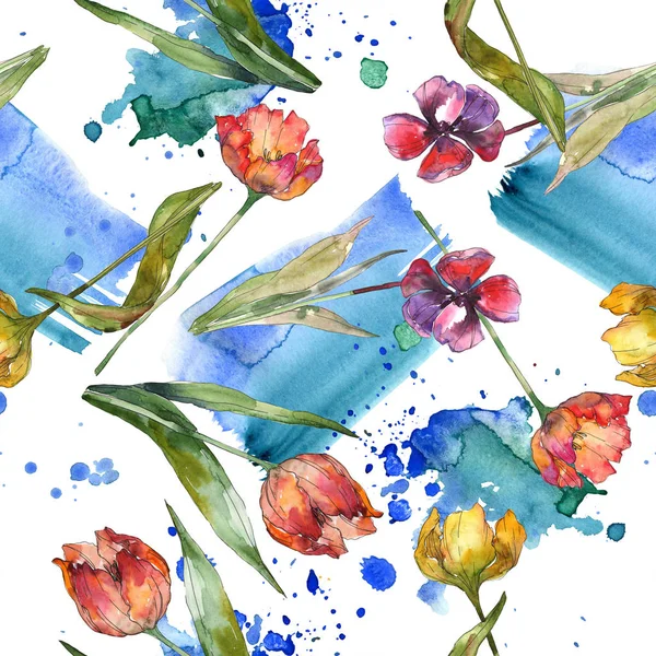 Tulipes avec des feuilles vertes et motif abstrait fond sans couture. Texture d'impression de papier peint tissu. Ensemble d'illustration aquarelle . — Photo de stock