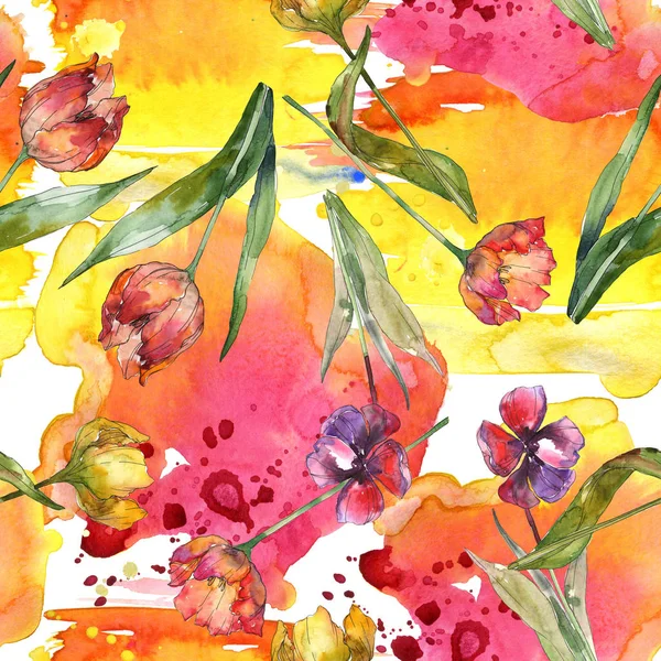 Tulipes avec des feuilles vertes et motif abstrait fond sans couture. Texture d'impression de papier peint tissu. Ensemble d'illustration aquarelle . — Photo de stock