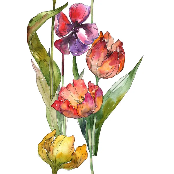 Tulipes isolées avec des feuilles vertes motif de fond sans couture. Texture d'impression de papier peint tissu. Ensemble d'illustration aquarelle . — Photo de stock