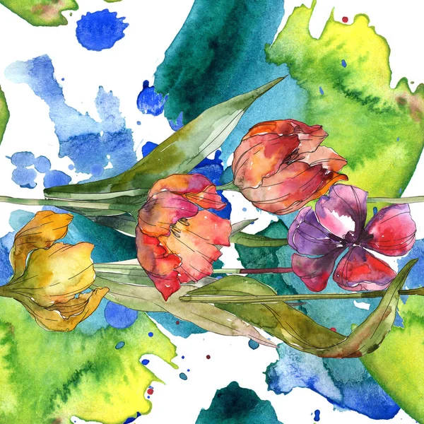 Tulpen mit grünen Blättern und abstrakten Mustern nahtloser Hintergrund. Textur für Stofftapeten. Aquarell-Illustrationsset. — Stockfoto