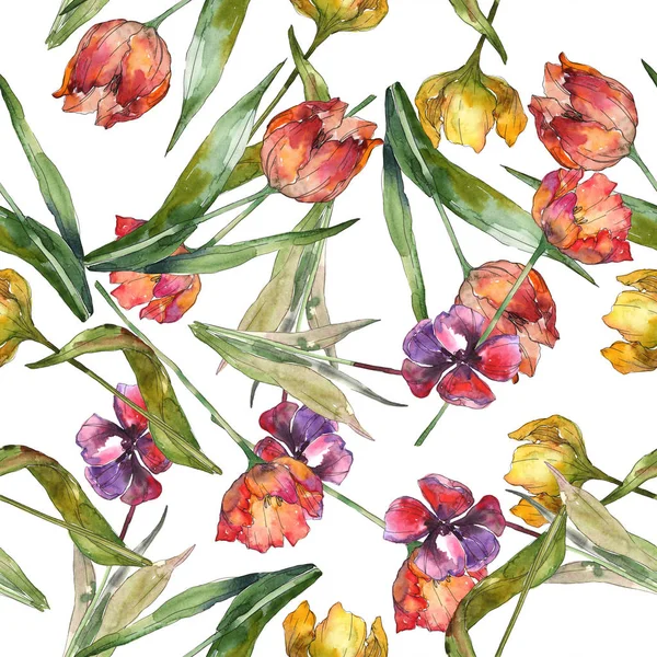 Tulipes avec des feuilles vertes et motif abstrait fond sans couture. Texture d'impression de papier peint tissu. Ensemble d'illustration aquarelle . — Photo de stock