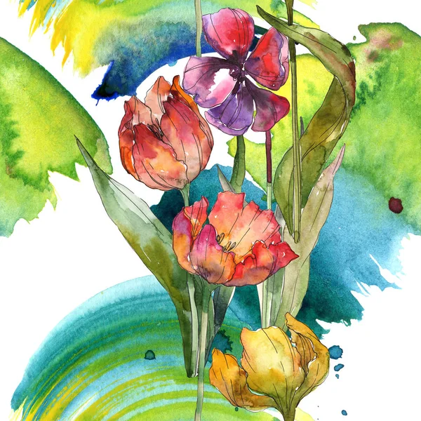 Tulipanes con hojas verdes y patrón abstracto de fondo sin costuras. Textura de impresión de papel tapiz de tela. Juego de ilustración en acuarela . - foto de stock
