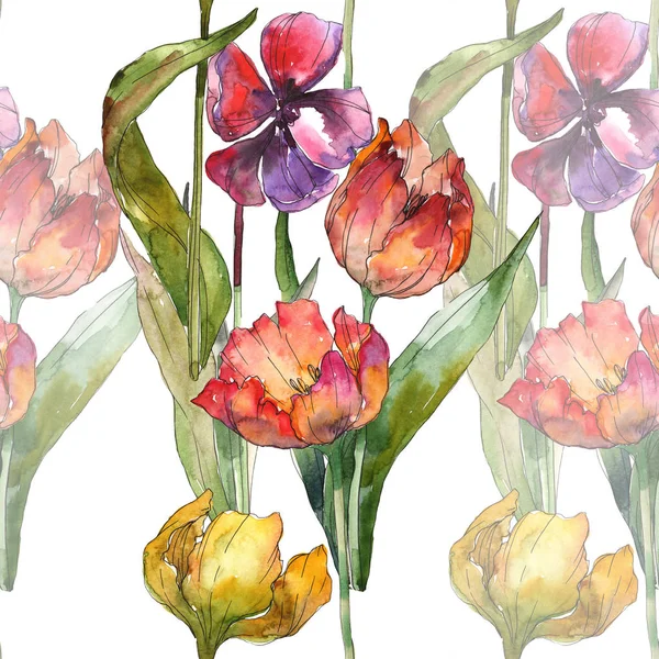 Tulipani isolati con foglie verdi modello di sfondo senza soluzione di continuità. Tessuto carta da parati texture di stampa. Set illustrazione acquerello . — Foto stock