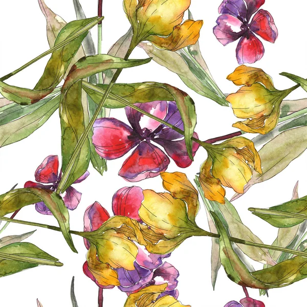 Isolierte Tulpen mit grünen Blättern nahtlos Hintergrundmuster. Textur für Stofftapeten. Aquarell-Illustrationsset. — Stockfoto