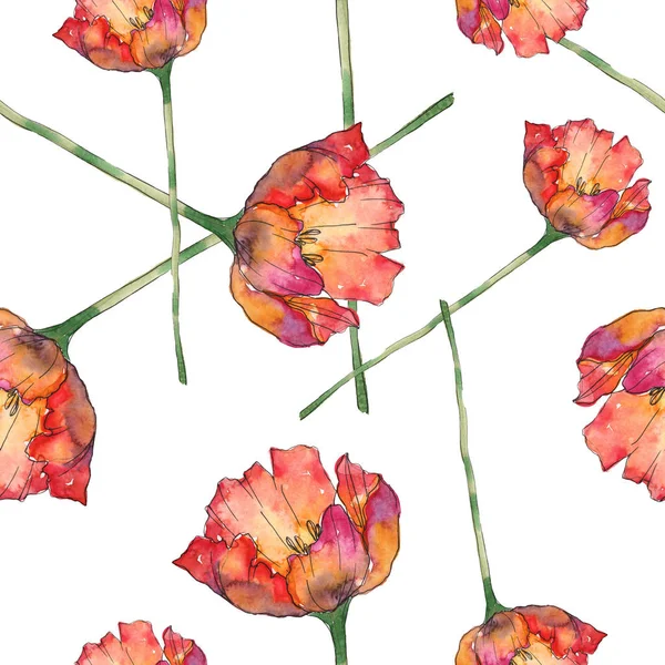 Tulipanes aislados con hojas verdes patrón de fondo sin costuras. Textura de impresión de papel tapiz de tela. Juego de ilustración en acuarela . - foto de stock
