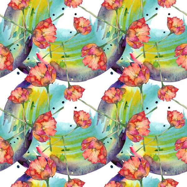 Tulips with green leaves and abstract pattern seamless background. Fabric wallpaper print texture. Watercolor illustration set. — Stock Photo