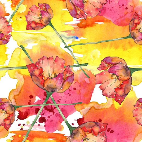 Тюльпаны с зелеными листьями и абстрактным рисунком бесшовного фона. Ткань обои печать текстуры. Акварель . — стоковое фото