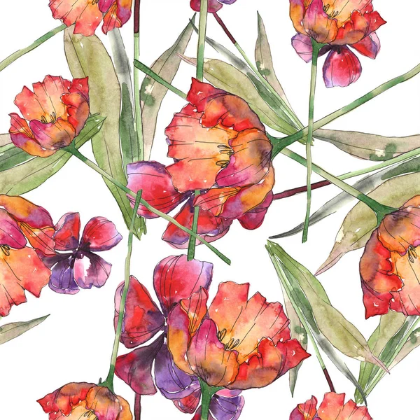 Isolated tulips with green leaves seamless background pattern. Fabric wallpaper print texture. Watercolor illustration set. — Stock Photo