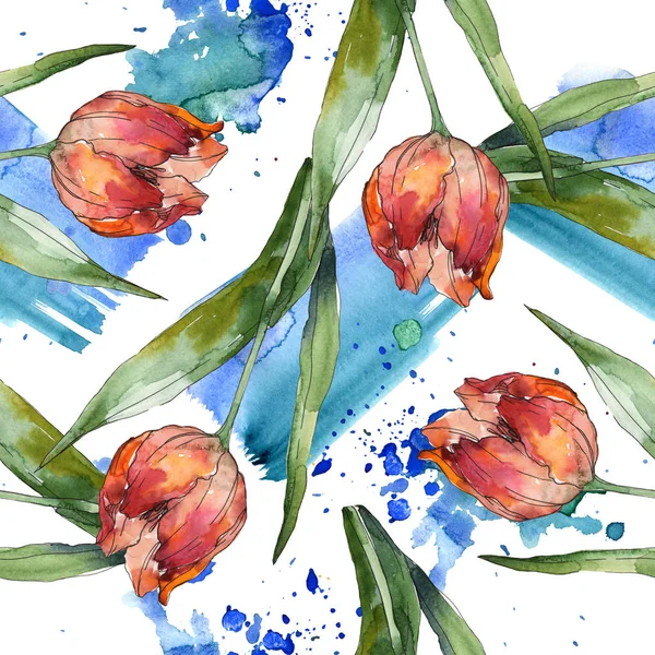 Tulips with green leaves and abstract pattern seamless background. Fabric wallpaper print texture. Watercolor illustration set. — Stock Photo