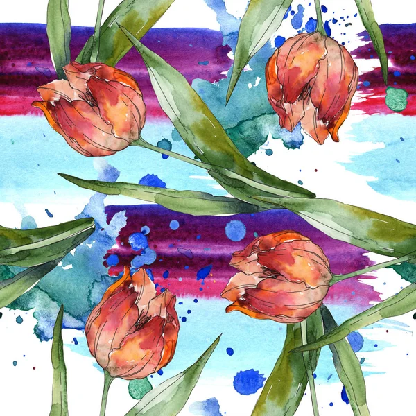 Tulipanes con hojas verdes y patrón abstracto de fondo sin costuras. Textura de impresión de papel tapiz de tela. Juego de ilustración en acuarela . — Stock Photo