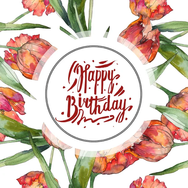 Yellow and red tulips watercolor background illustration set. Frame border ornament with happy birthday lettering. — Stock Photo