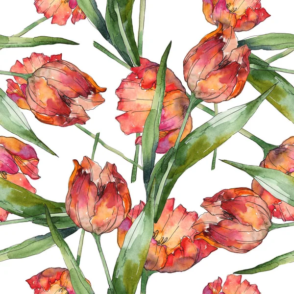 Tulipanes aislados con hojas verdes patrón de fondo sin costuras. Textura de impresión de papel tapiz de tela. Juego de ilustración en acuarela . - foto de stock