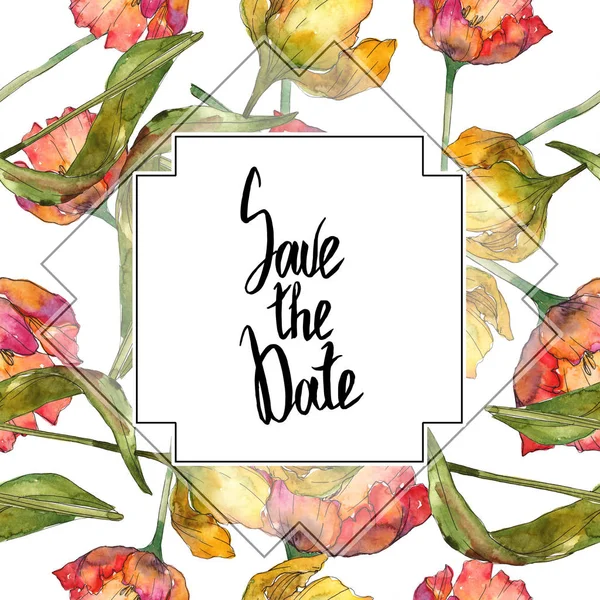 Yellow and red tulips watercolor background illustration set. Frame border ornament with save the date lettering. — Stock Photo
