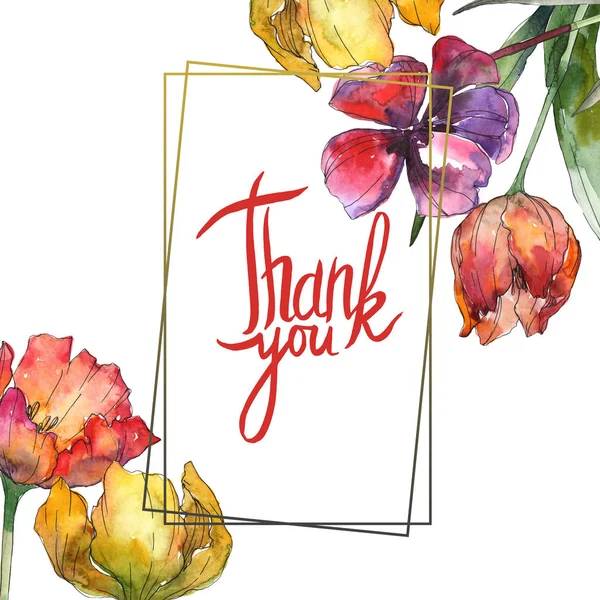 Yellow and red tulips watercolor background illustration set. Frame border ornament with thank you lettering. — Stock Photo