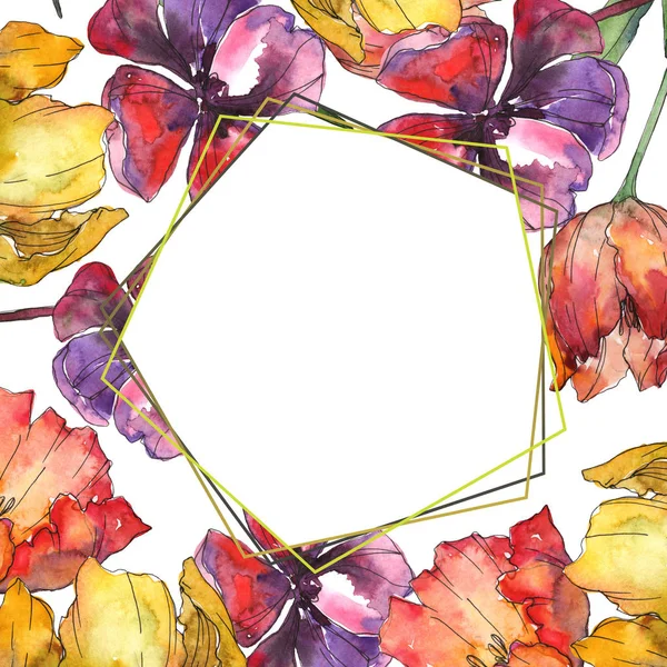 Gelbe und rote Tulpen Aquarell Hintergrund Illustrationsset. Rahmen-Bordüre mit Kopierraum. — Stockfoto