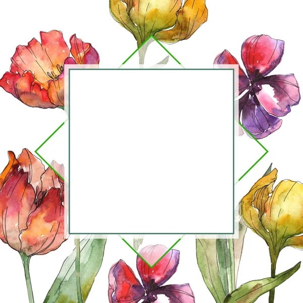 Yellow and red tulips watercolor background illustration set. Frame border ornament with copy space. — Stock Photo