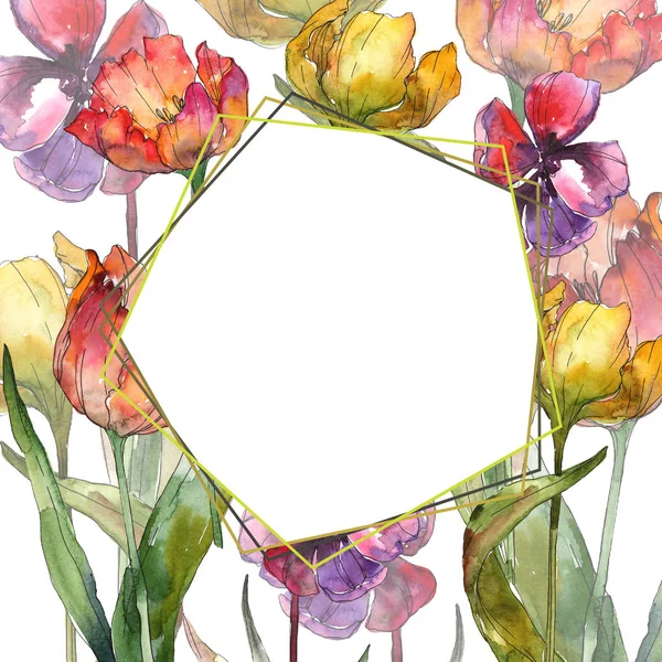 Tulipani gialli e rossi acquerello sfondo illustrazione set. Ornamento bordo cornice con spazio copia . — Foto stock